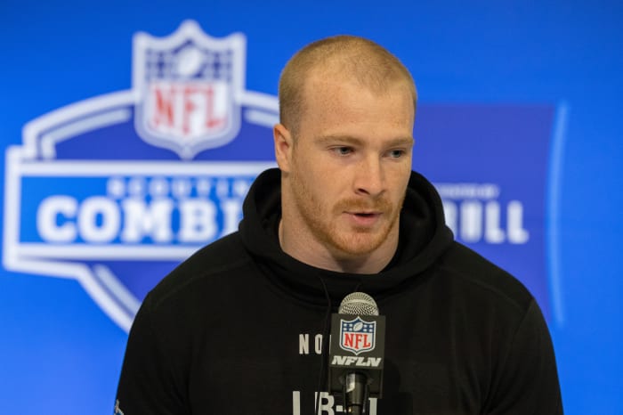 Feb 28, 2024; Indianapolis, IN, USA; Ohio State linebacker Tommy Eichenberg (LB11) talks to the media at the 2024 NFL Combine at Indiana Convention Center.